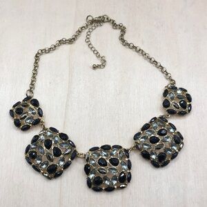 Gold Tone Chain Square Medallions Bejeweled Rhinestone Necklace Dressy Statement